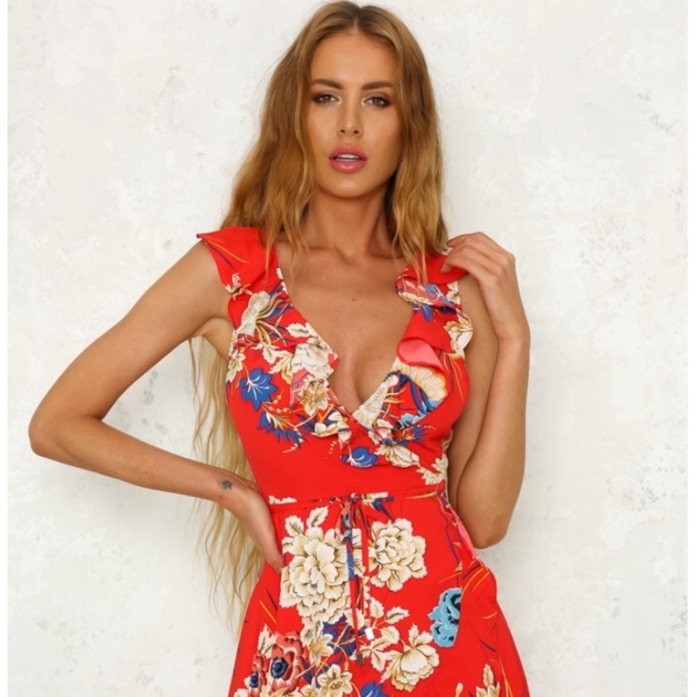 Summer Floral Red Wrap Dress